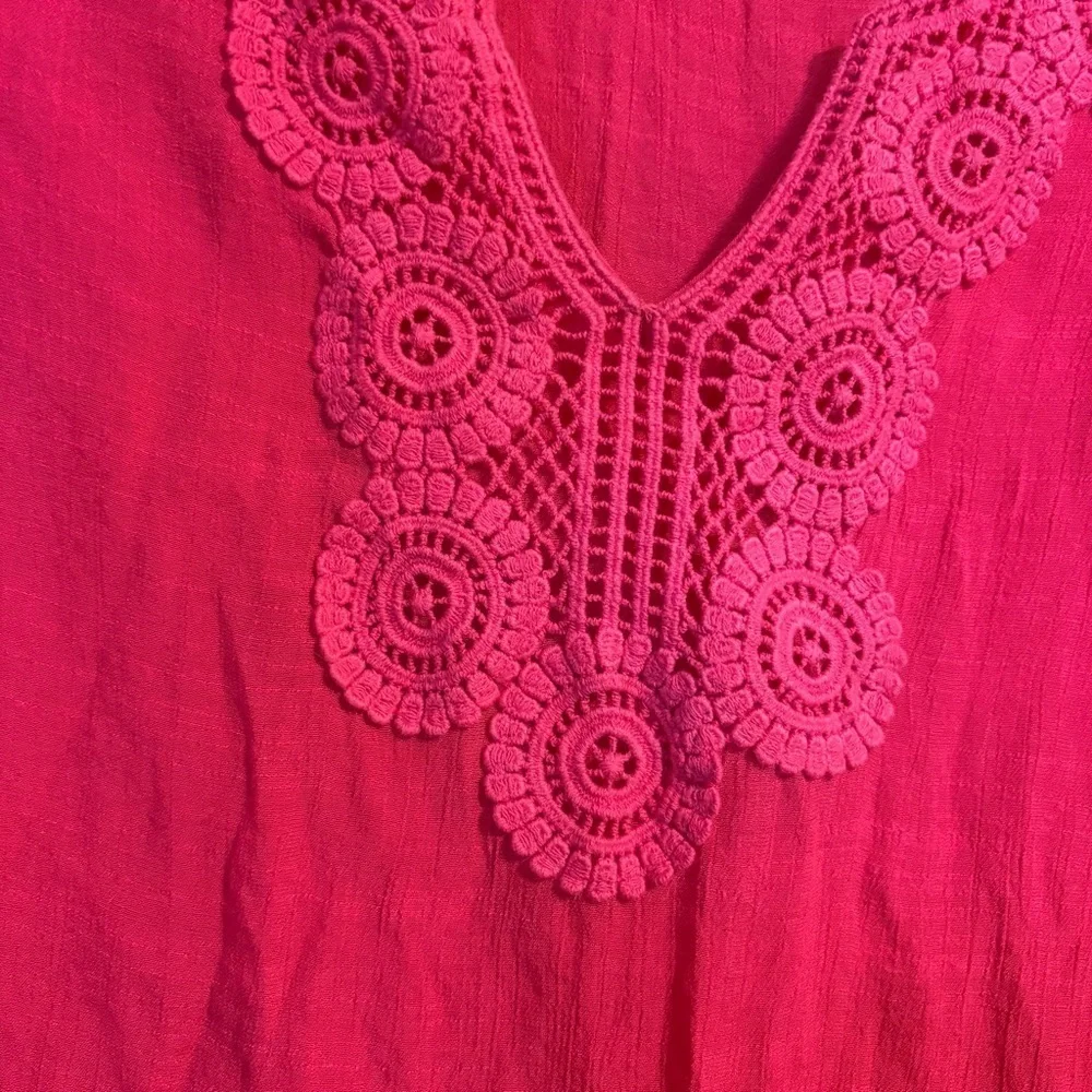 Hot Pink Counterparts Women’s Pink Crochet Trim Tunic Top 3/4 Sleeve Size M BOHO
